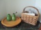 Round Wooden Tray, Divided Utensil Basket, Pear Shaped Salt Shaker and Pepper Grinder