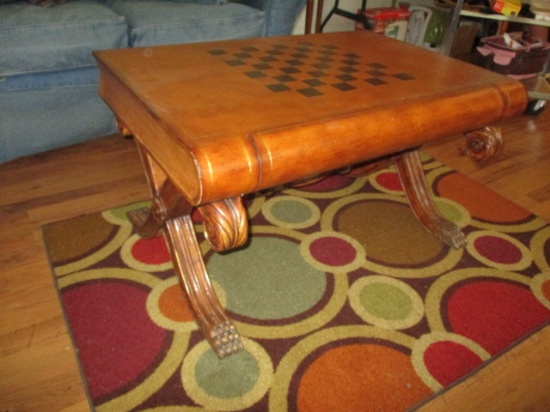 Checkerboard Top Coffee Table With Drawer and Carved Claw Feet