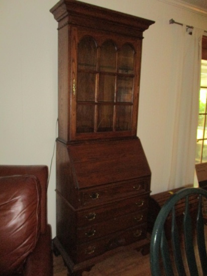 Lighted Solid Oak Secretary with Dovetail Drawers and Glass Shelves