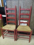 Pair of Maroon Ladderback Woven Seat Chairs