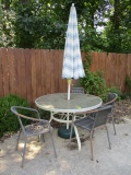 Round Metal Table, Umbrella and Four Metal Chairs