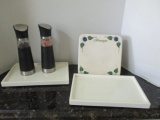 Jonathan Adler Lacquerware Trays, Ceramic Message Tile, Modern Home Salt and Pepper Grinders