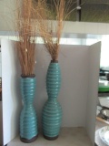 Pair of Tall Blue Vases with Dried Twigs