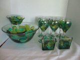 Handpainted Glass Chip and Dip Set, Six Stemmed Goblets, Two Candleholders