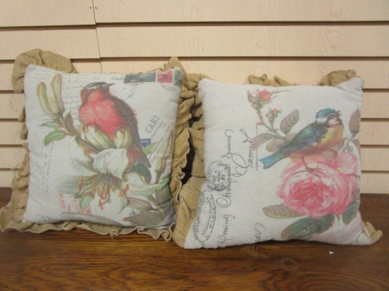 Pair of Bird Pattern Pillows with Burlap Ruffle