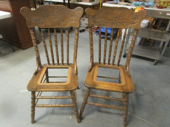 Pair of Oak Chairs with Carved Backs