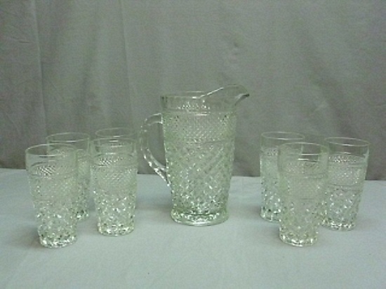 Vintage Anchor Hocking Wexford Waffle Pattern Pitcher & 7 Tumblers