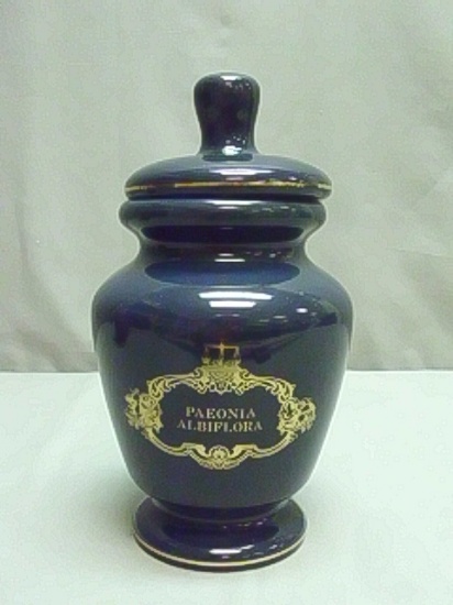 Vtg  Blue & Gold Pharmacy Apothecary Jar w/Paper - By Eli Lilly - Marked 11-87