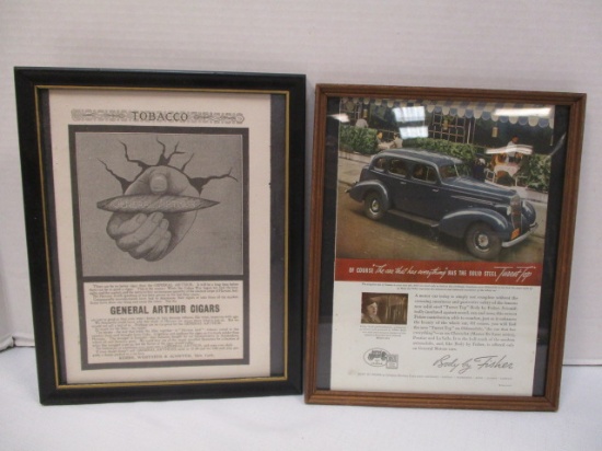 Framed "General Arthur Cigars" and "GMC Body by Fisher" Advertisements