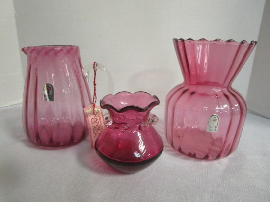 Pilgrim Glass Cranberry Pitcher and Two Vases