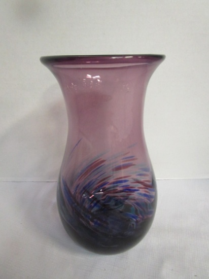 Hand Blown Amethyst Glass Vase with Blue, Green and Brown Swirls