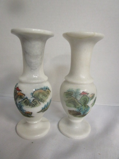 Pair of White  and White Marble Vases with Hand Painted Oriental Scene