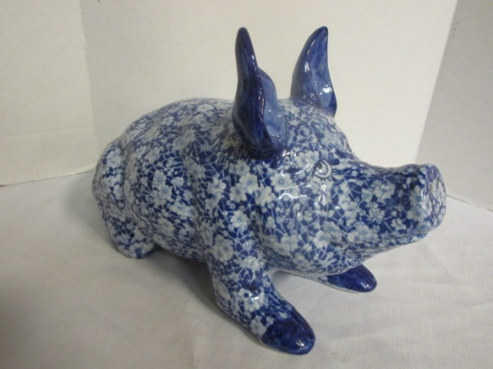 Ceramic Pig Statue with Blue and White Floral Pattern