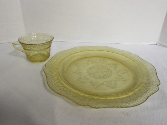 Yellow Depression Glass Cup and Round Platter