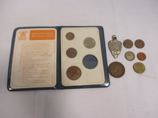 Britain's First Decimal Coins, 1936 Buffalo Nickel Set in Metal Arrowhead, Foreign Coins