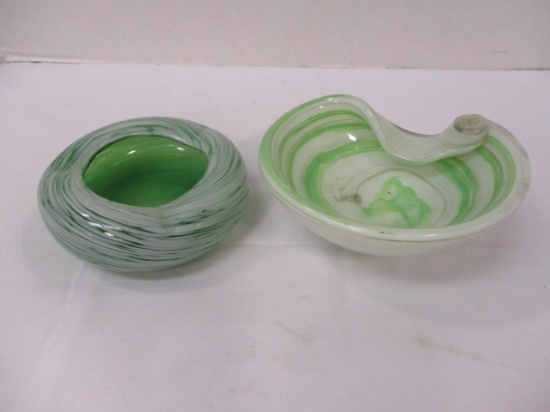 Two Green and White Art Glass Ashtrays