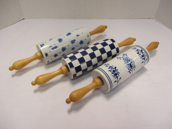 Three Square Nest Blue and White Ceramic Rollers with Wood Handles