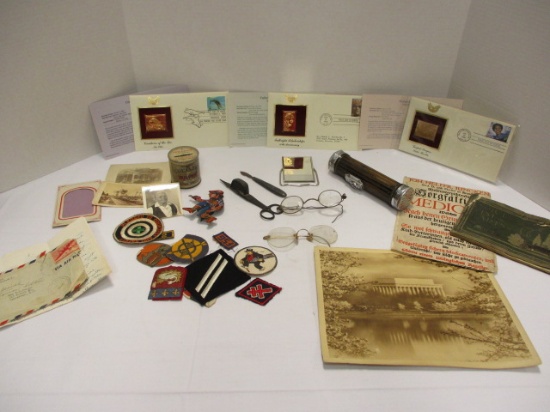 Eclectic Articles of Interest-Gold Stamp Replica First Day of Issue, Patches,