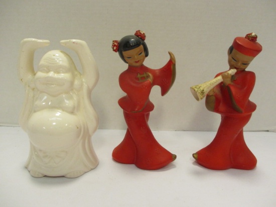 Pair of 1955 Chalk Ware Oriental Dancer and Musician Statues and