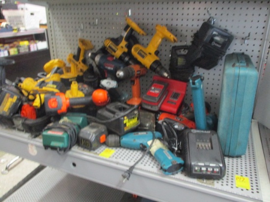 Shelf Lot of Drills, Batteries, Chargers, etc.