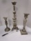 Three Silver Metal Candlesticks and Snuffer with Fur Handle