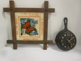 Cast Iron Skillet Quartz Wall Clock and Butterfly Needlework