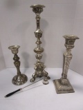 Three Silver Metal Candlesticks and Snuffer with Fur Handle