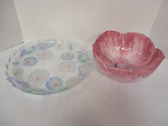 Floral Glass Tray and Flower Bowl