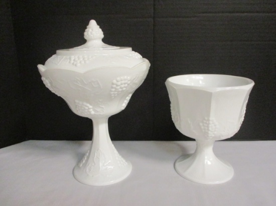 Covered Milk Glass Pedestal Candy Dish, Milk Glass Planter