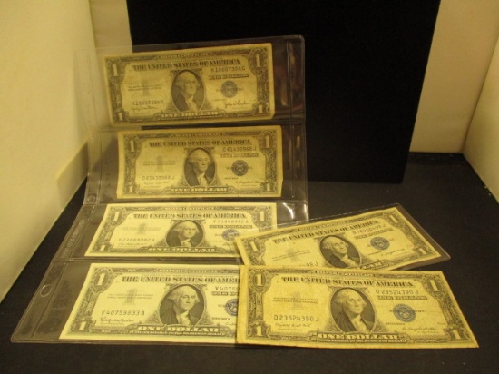 Lot of 6 $1 Silver Certificates- Blue Seals- (4) 1935 & (2) 1957
