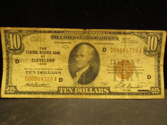 1929 $10 Bill from The Federal Reserve Bank of Cleveland, Ohio