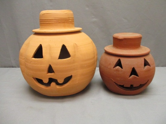 2 Terracotta Jack-O-Lantern Pumpkins