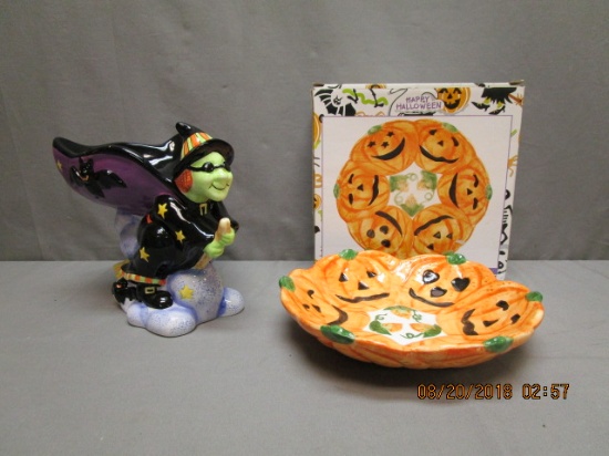 1 Ceramic Witch Candy Dish & 1 Pumpkin Bowl