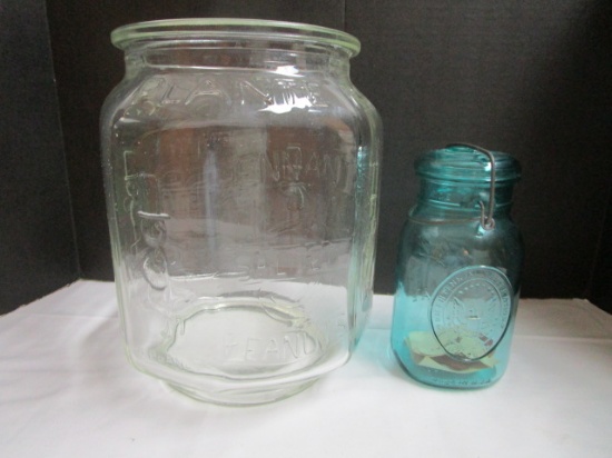 Repro. Blue Bicentennial Ball Jar and Planters Peanuts Canister
