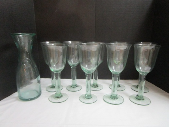 Nine Hand Blown Green Glass Wine Glasses and Wine Carafe