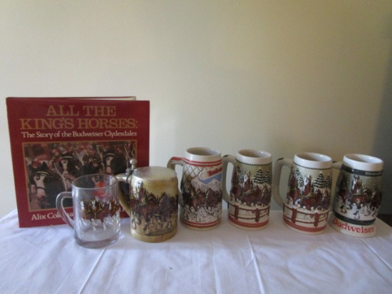 Six Budweiser Theme Mugs and "All the King's Horses"  Book