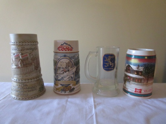 Four Beer Mugs: Lowenbrau, Schlitz, Miller, Coors