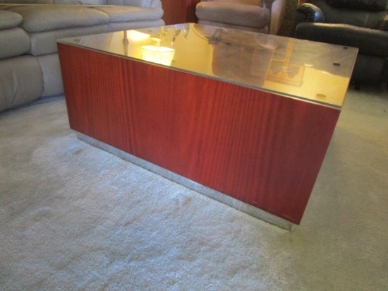 Midcentury Coffee Table with Glass Top and Mirrored Toe Kick