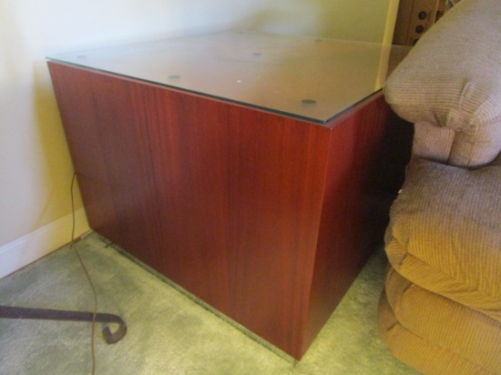 Midcentury Side Table with Glass Top and Mirrored Toe Kick