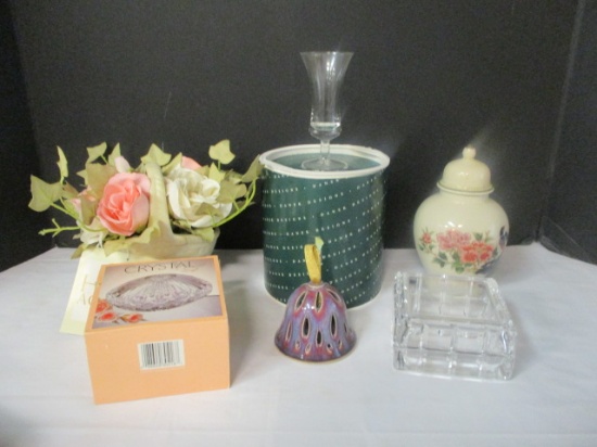 Set of 4 Dansk Cordials, Pottery Bell, Crystal Trinket Boxes, Enesco Urn
