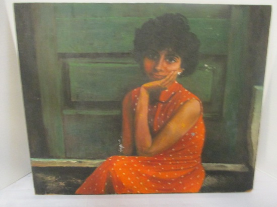 Unframed Painting on Board of Sitting Woman