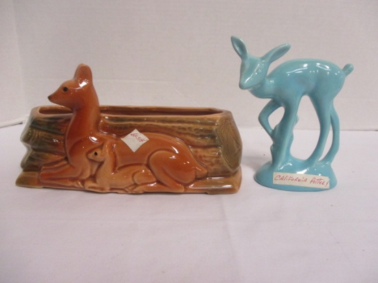 California Pottery Turquoise Deer Figurine and Brosh Deer Planter