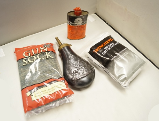 Colt Pattern Powder Flask, Gun Sock, Cotton Patches, & Gun Oil