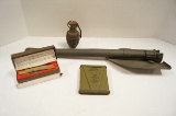 Folding Korea Shovel, Pineapple Training Grenade, Tin, and WW2 Commemorative Knife