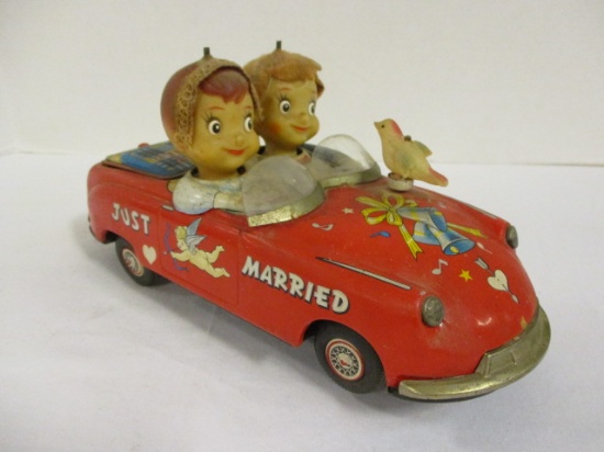 Tin Litho Just Married Battery Operated Toy Car