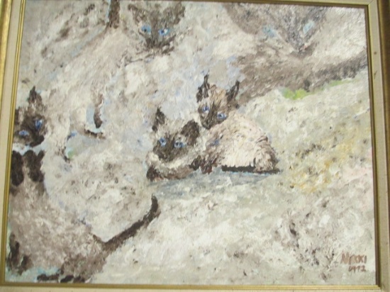 "6 Siamese Cats" Oil on Canvas Signed Nikki S. Remler 1972