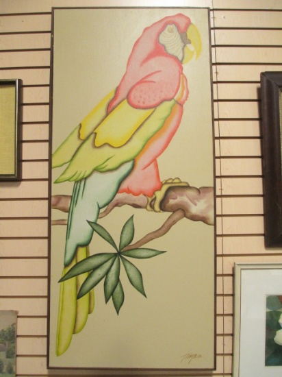 Mid Century Parrot Painting on Canvas "Cracker Jacks" by Taigaea (Eddie Powell)