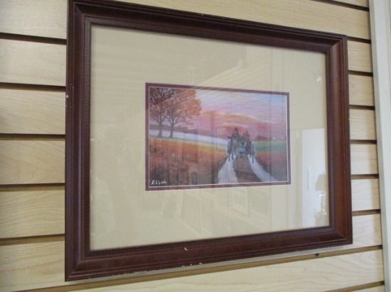 Framed/Matted Black American Print Family Riding in Wagon Down Road