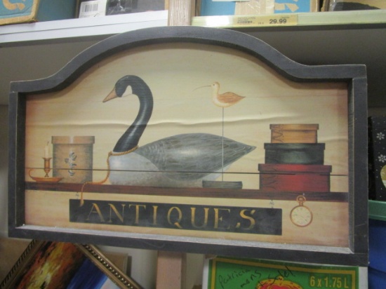 Wood "Antiques" Sign w/ goose print- Signed & Numbered by Jo Anne Irwin
