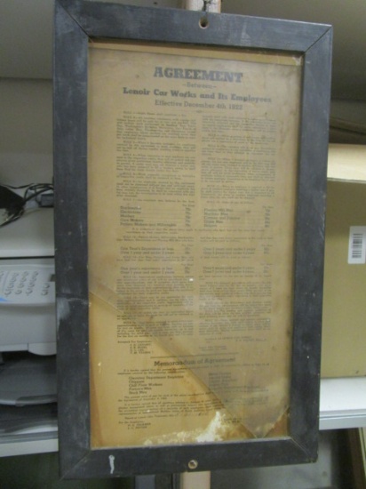 Antique Framed Agreement between Lenoir Car Works and Employees-Dated 1922